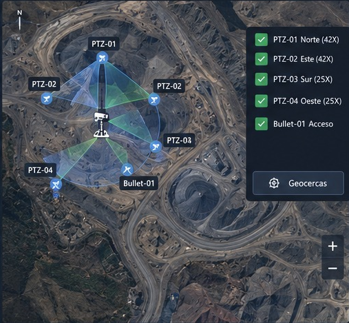 Mapa satelital del sitio minero con cobertura de cámaras